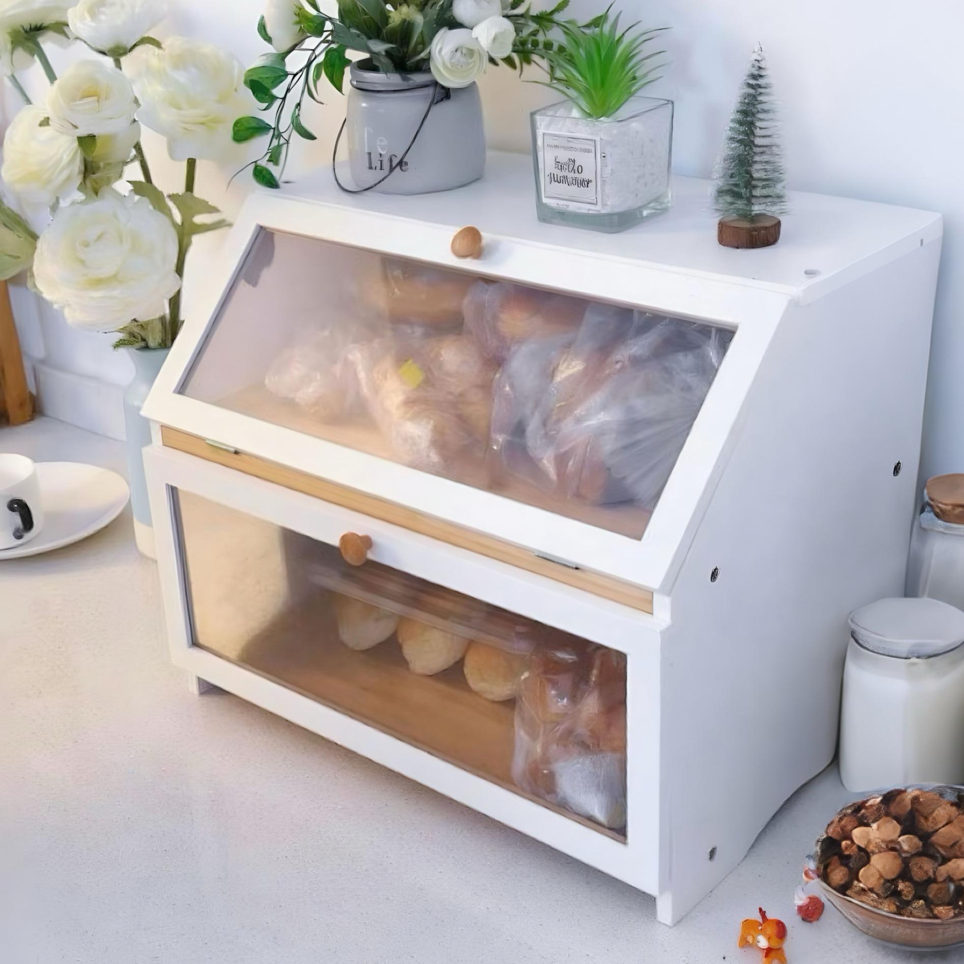 Food Storage Utensils - กล่องเก็บขนมปังสองชั้น HOMEKOKO สำหรับวางบนเคาน์เตอร์ครัว, กล่องเก็บขนมปังไม้ขนาดใหญ่สำหรับเคาน์เตอร์ครัว, ที่เก็บขนมปังสำหรับตกแต่งบ้าน, อุปกรณ์จัดระเบียบครัว,