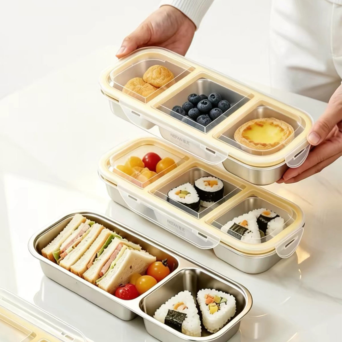 Food Storage Cupboard - ภาชนะเก็บอาหารสแตนเลสพร้อมฝาปิด, กล่องอาหารกลางวันแบบปิดสนิทเกรดอาหาร, ภาชนะใส่อาหารแบบสามช่อง