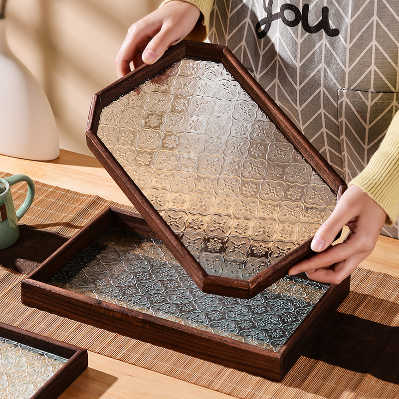 Food Storage Set Glass - ถาดเก็บชุดชาทรงสี่เหลี่ยมผืนผ้าสไตล์วินเทจคลาสสิก จานเสิร์ฟอาหาร ขนมหวาน ผลไม้ ทำจากไม้แท้และแก้ว พร้อมลายดอกไม้