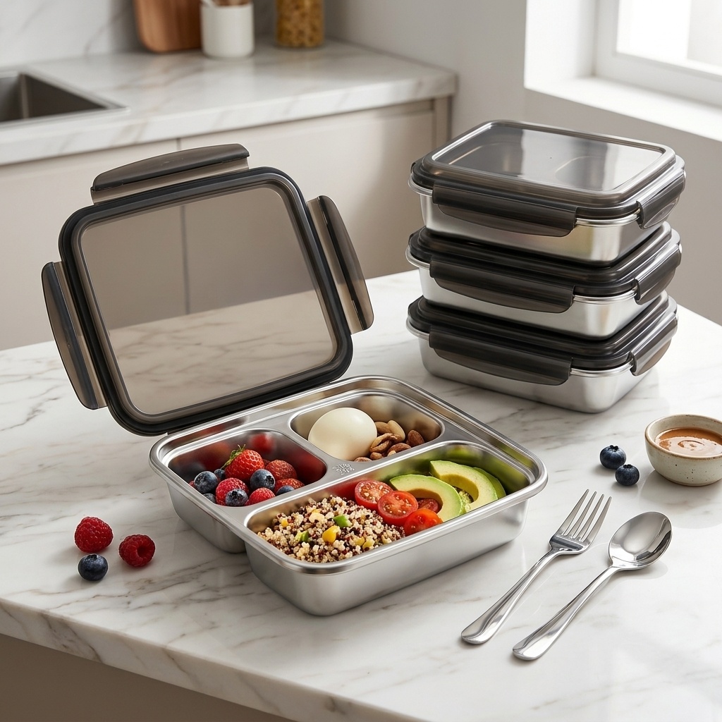 Food Storage Microwave Safe - กล่องอาหารกลางวันความจุขนาดใหญ่พร้อมฝาปิด ปลอดภัยสำหรับไมโครเวฟ ป้องกันการรั่วซึม ทำจากสแตนเลส 304 แบ่งช่องสำหรับเด็กและนักเรียน