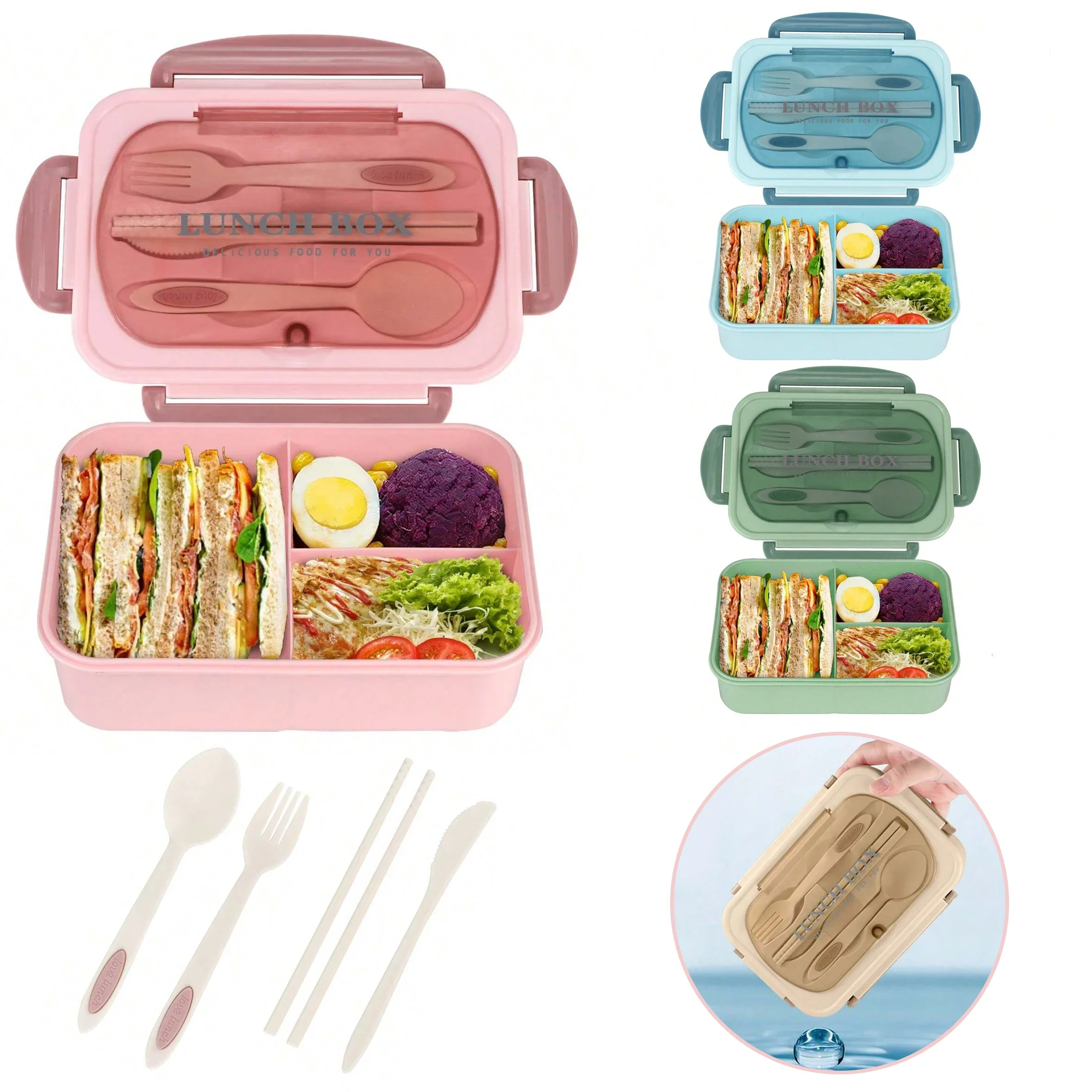 Food Storage Oven Safe - กล่องเบนโตะสำหรับผู้ใหญ่ 3 ช่อง กล่องใส่อาหารกลางวันสำหรับผู้ชาย ผู้หญิง พกพาสะดวก
