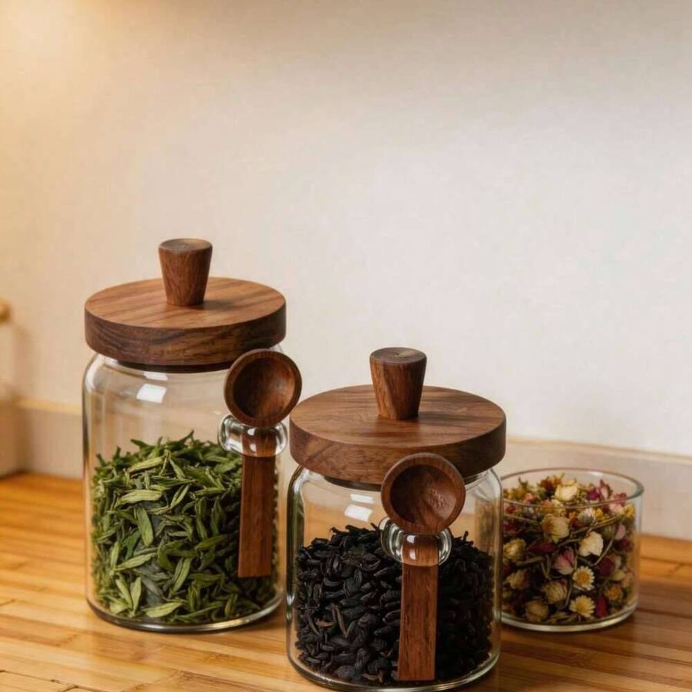 Food Storage Set Glass - ชุด 3 ชิ้น โหลแก้วใสพร้อมฝาไม้และช้อนเข้าชุด ภาชนะเก็บอาหารสุญญากาศสำหรับเมล็ดกาแฟ ชา