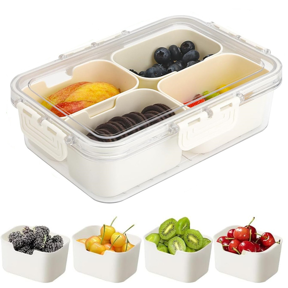 Food Storage Cupboard - กล่องเก็บอาหารแบบพกพา, กล่องเก็บขนม, 4 ช่องพร้อมฝาปิด, ถาดแยกสำหรับเสิร์ฟ, กล่องขนมสำหรับครัว,