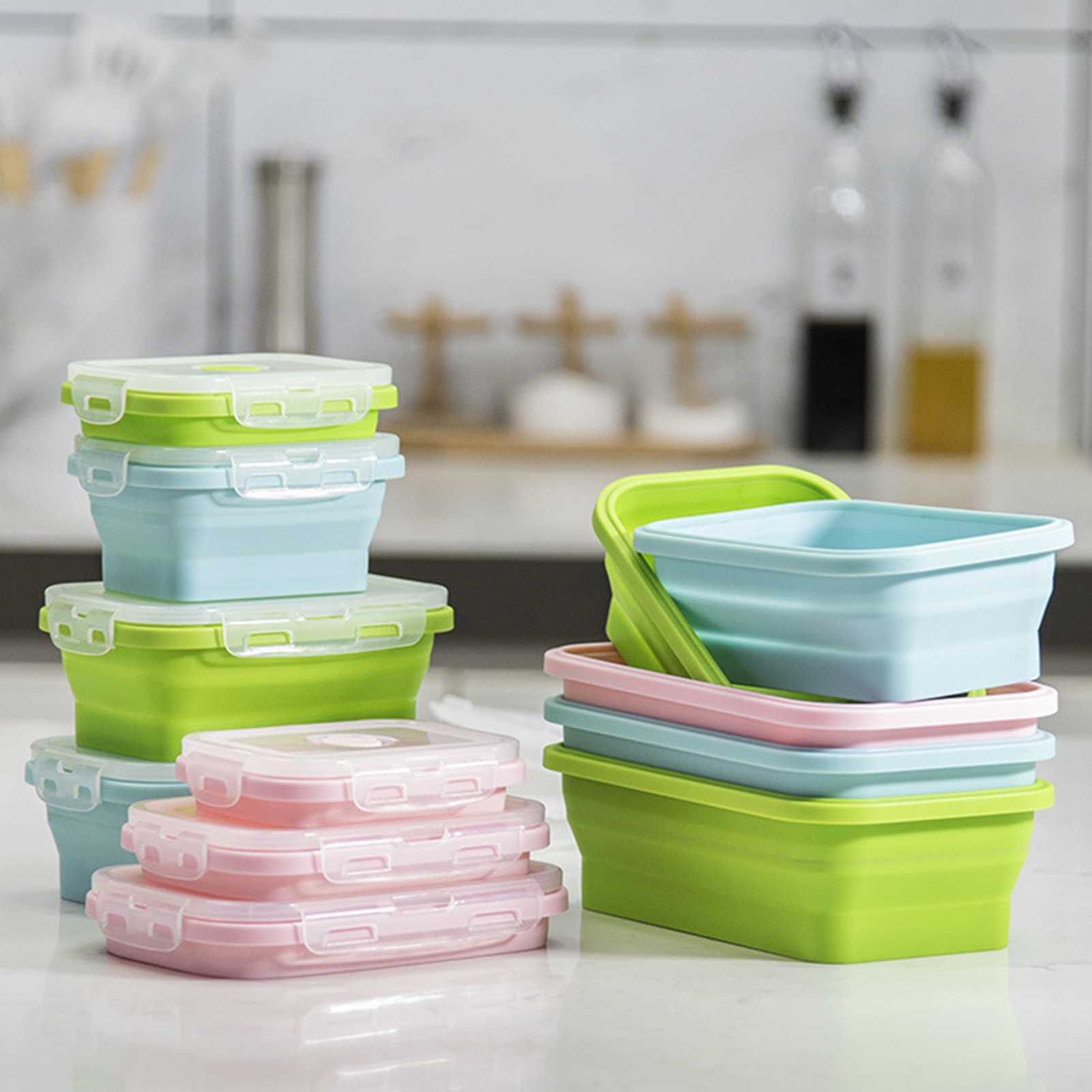 Food Storage Microwave Safe - กล่องอาหารซิลิโคน เกรดอาหาร พับเก็บได้ ใช้กับไมโครเวฟได้ พกพาสะดวก กล่องเบนโตะสำหรับสำนักงาน
