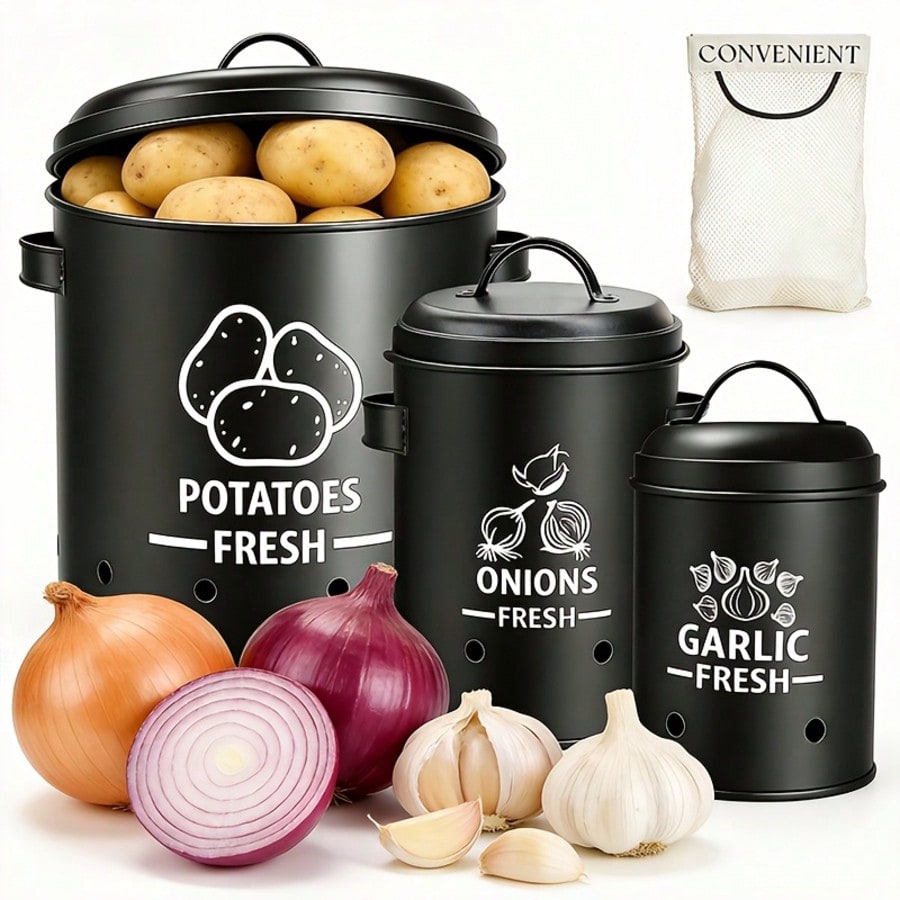 Food Storage Utensils - ชุดกล่องเก็บมันฝรั่ง หัวหอม กระเทียม สไตล์ฟาร์มเฮาส์ สีดำแบบเรียบง่าย 3