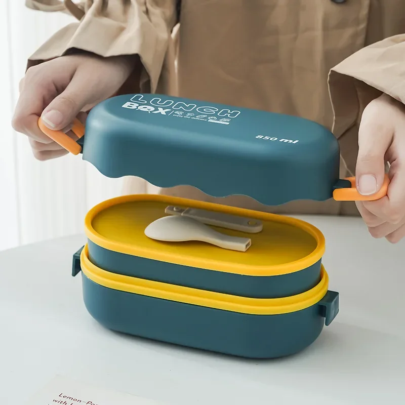 Food Storage Thermos - กล่องข้าวกลางวันพลาสติกสองชั้นกล่องข้าวกลางวันขนาด850มล. พร้อมหัวเข็มขัดช้อนกันรั่วกล่องปิกนิกปิดสนิทกล่องเก็บสินค้าอาหาร