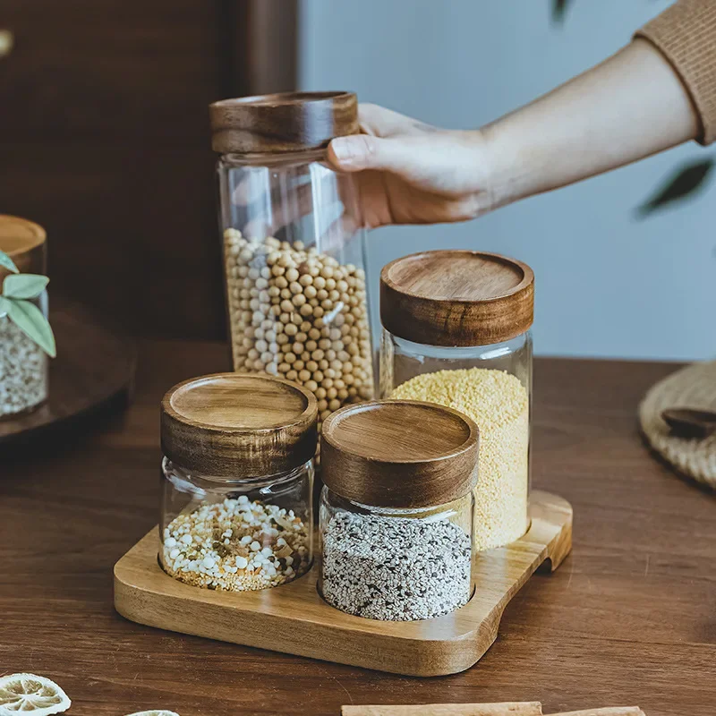 Food Storage Set Glass - กล่องเก็บอาหารแบบฝาปิดทำจากแก้วแบบสุญญากาศขวดโหลที่เก็บเครื่องครัวกล่องไม้เก็บอาหารที่ปิดสนิทพร้อมชุดฐาน