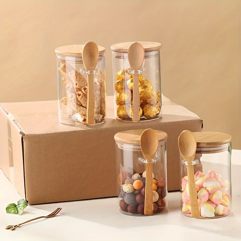 Food Storage Set Glass - ขวดโหลใส่ขนม 280 มล. ขวดโหลใส่บิสกิต ขวดโหลแก้วใส่อาหาร ฝาปิดไม้ไผ่พร้อมช้อน