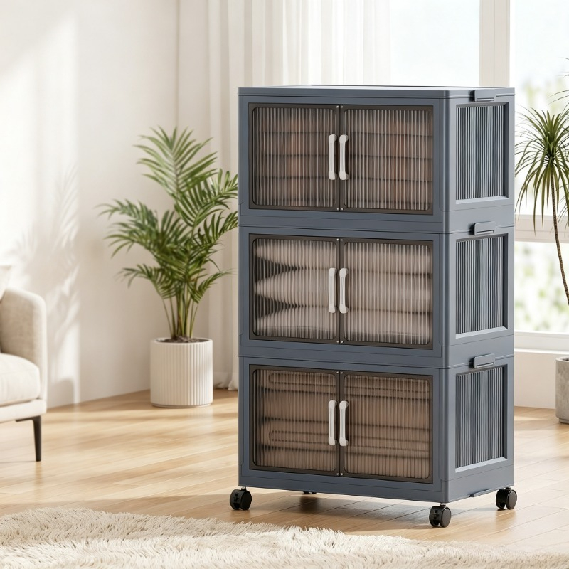 Food Storage Utensils - ตู้เก็บของพลาสติกแบบพับได้ 3 ชั้นพร้อมล้อเลื่อน, ตู้เก็บของกันฝุ่นแบบซ้อนกันได้พร้อมประตูคู่แบบเปิด-ปิด, ตู้เก็บของแบบเคลื่อนย้ายได้สำหรับห้องนอน, ตู้เสื้อผ้า,