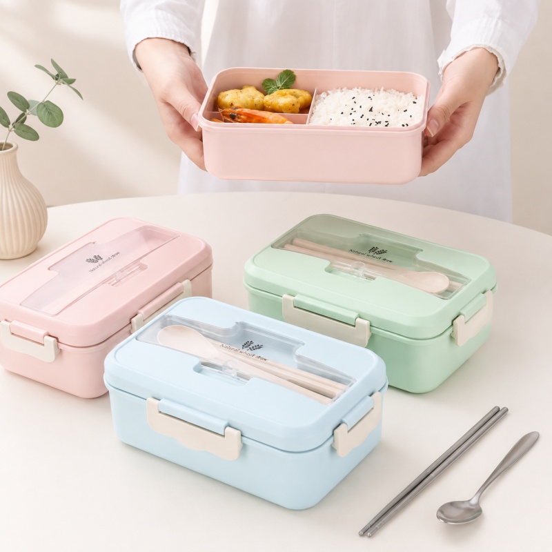 Food Storage Oven Safe - กล่องอาหารกลางวันทำจากฟางข้าวสาลี ปลอดภัยสำหรับไมโครเวฟ กล่องเบนโตะแบบพกพาพร้อมชุดช้อนส้อม ภาชนะเก็บอาหารสำหรับเด็ก โรงเรียน และสำนักงาน
