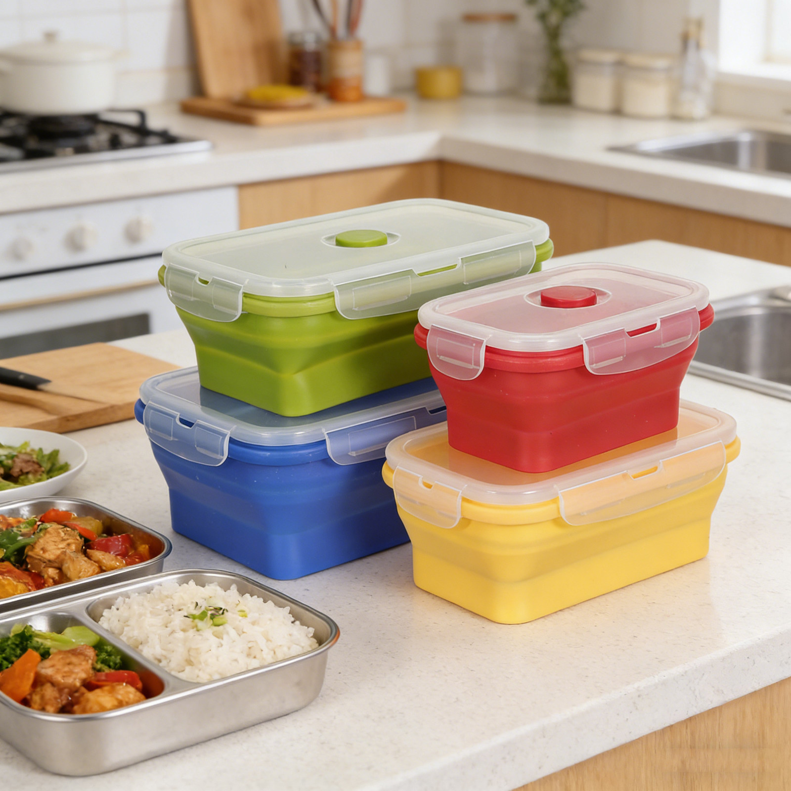 กล่องอาหารซิลิโคนพับได้ 4 ชิ้น - Food Storage Microwave Safe บทวิจารณ์และราคา